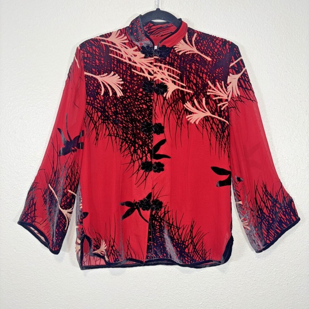 Aris A Velvet Top Asian Crane Stand Collar Silk Knot Kimono Boho Artsy Women's S